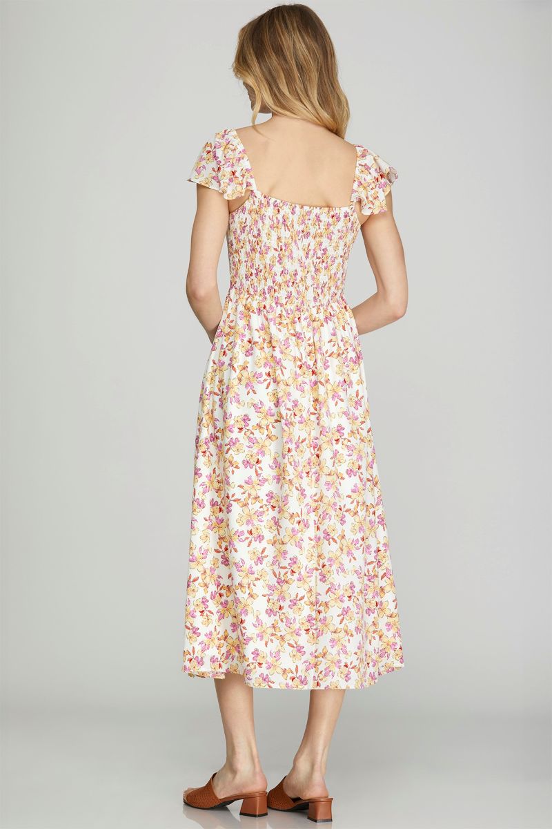 OFF WHITE FLORAL FLUTTER SLEEVES CENTER SLIT WOVEN MIDI DRESS SKSY6967