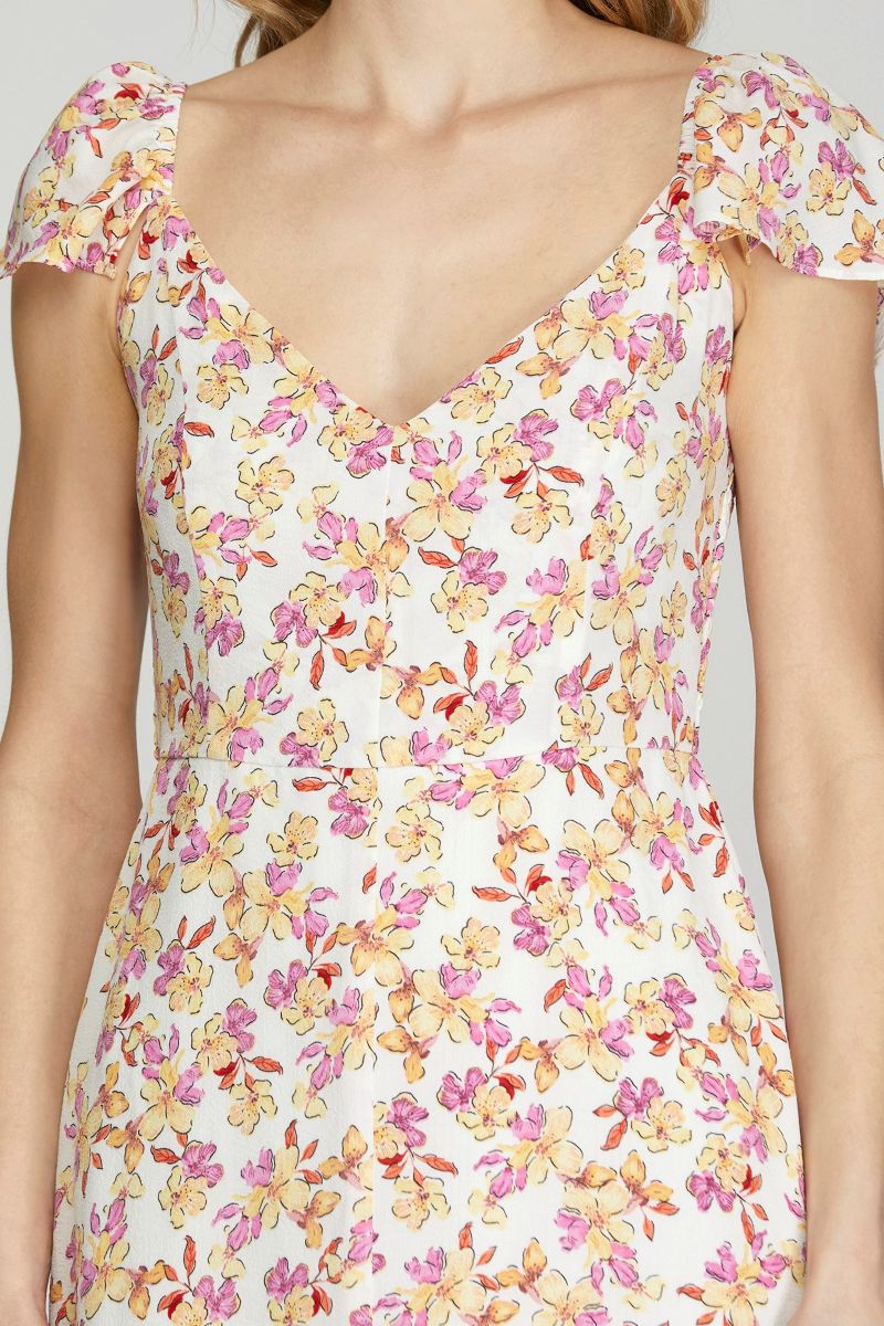 OFF WHITE FLORAL FLUTTER SLEEVES CENTER SLIT WOVEN MIDI DRESS SKSY6967