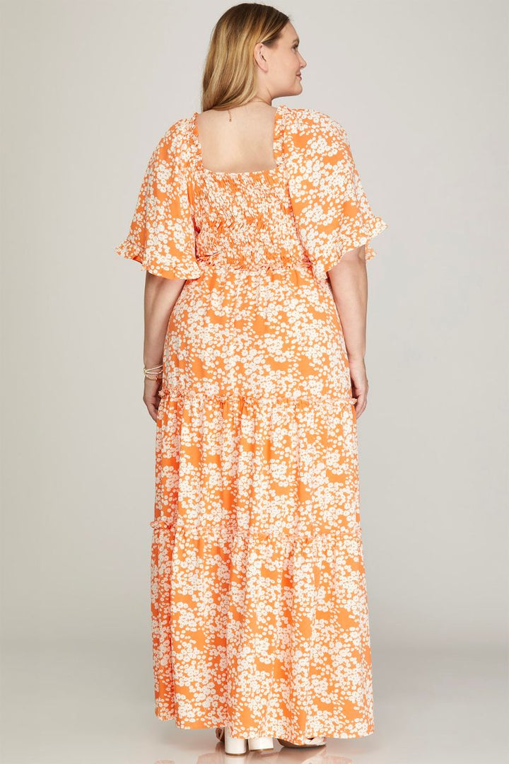 TANGERINE FLUTTER SLEEVE SMOCKED TIRED PLUS SIZE MAXI DRESS SKPSY6654