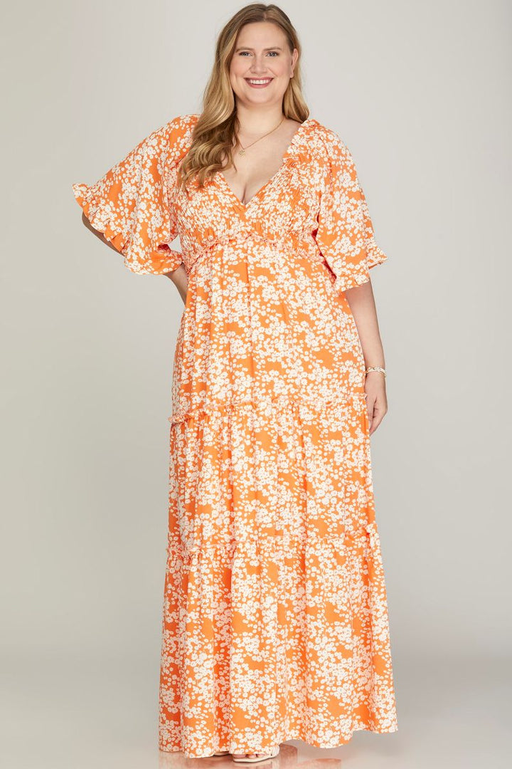 TANGERINE FLUTTER SLEEVE SMOCKED TIRED PLUS SIZE MAXI DRESS SKPSY6654