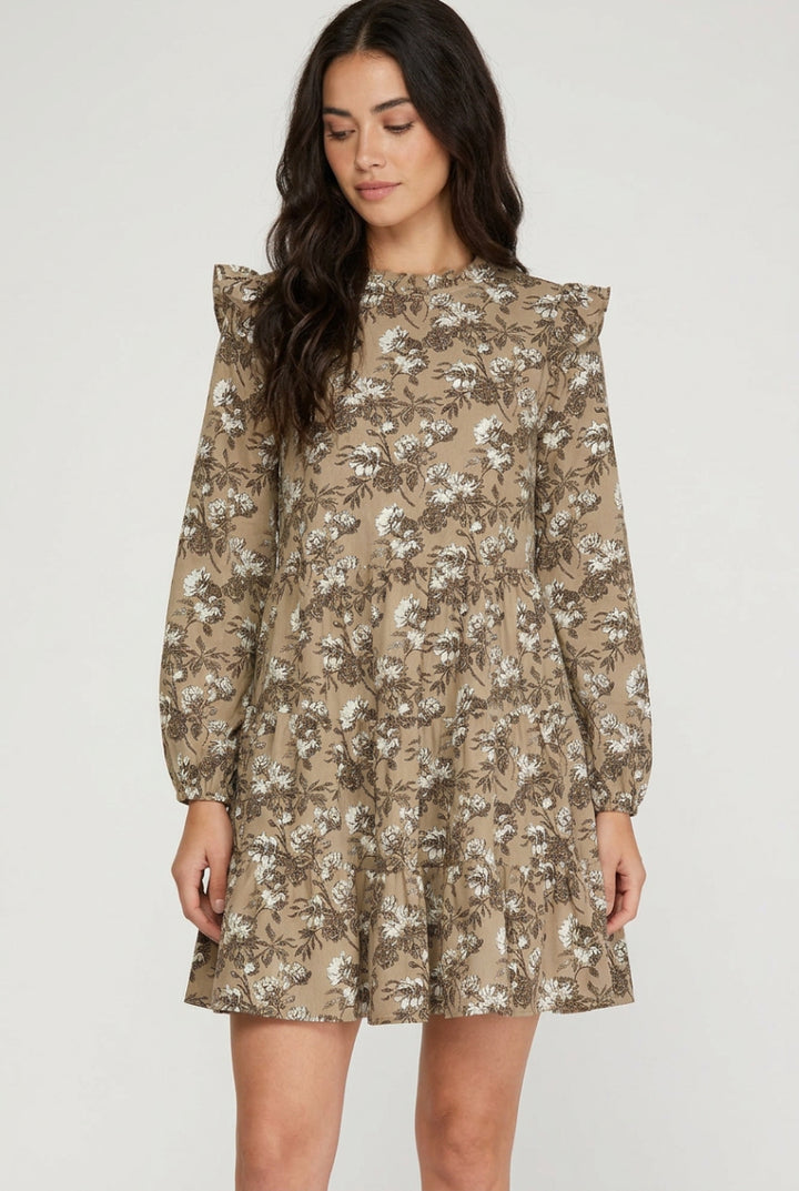 RUFFLED LONG SLEEVE FLORAL PRINT WOVEN DRESS-SKSY7258