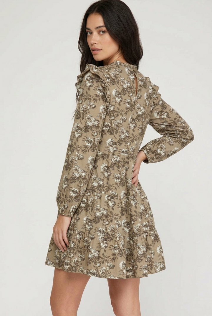 RUFFLED LONG SLEEVE FLORAL PRINT WOVEN DRESS-SKSY7258