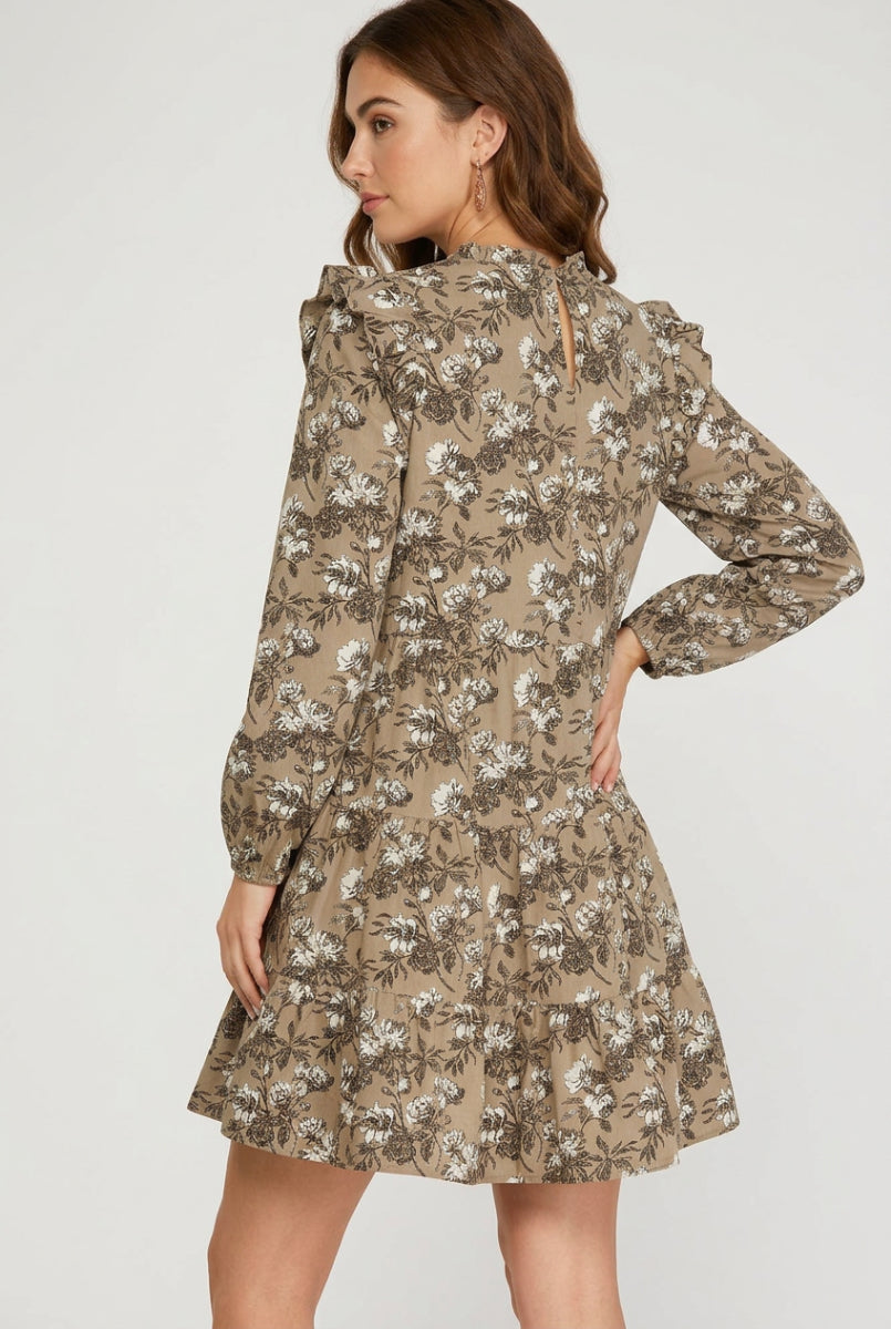 RUFFLED LONG SLEEVE FLORAL PRINT WOVEN DRESS-SKSY7258