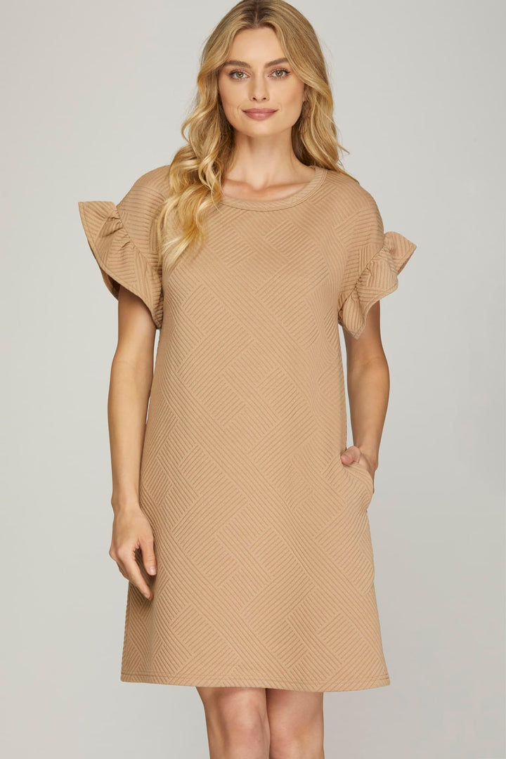 RUFFLED SLEEVE QUILTED KNIT DRESS WITH SIDE POCKET-SKSY7072