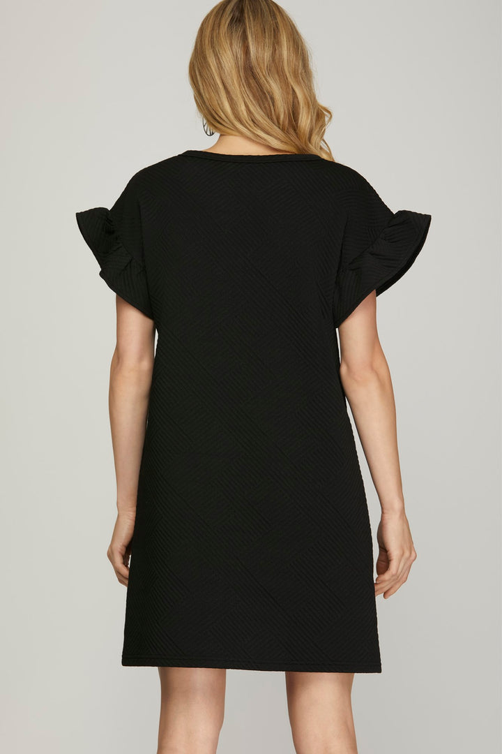 RUFFLED SLEEVE QUILTED KNIT DRESS WITH SIDE POCKET-SKSY7072