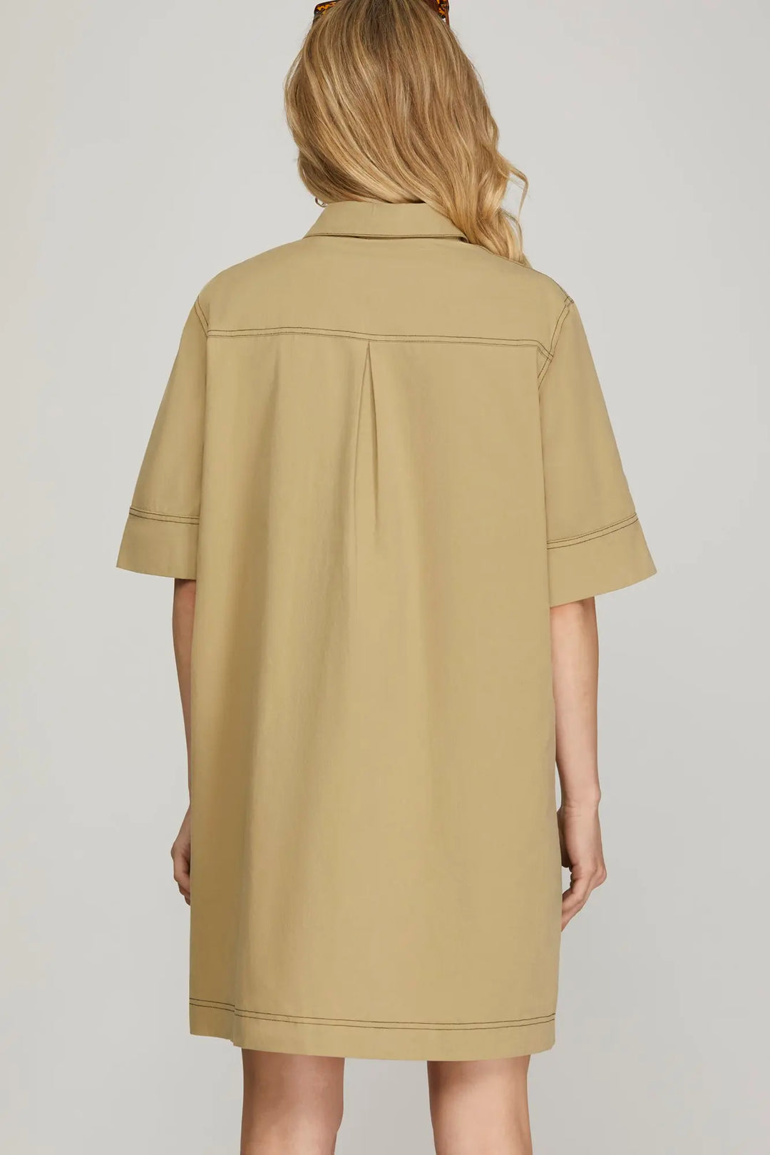 HALF SLEEVE CONTRAST STITCH WOVEN SHIRT DRESS   SKSY7197