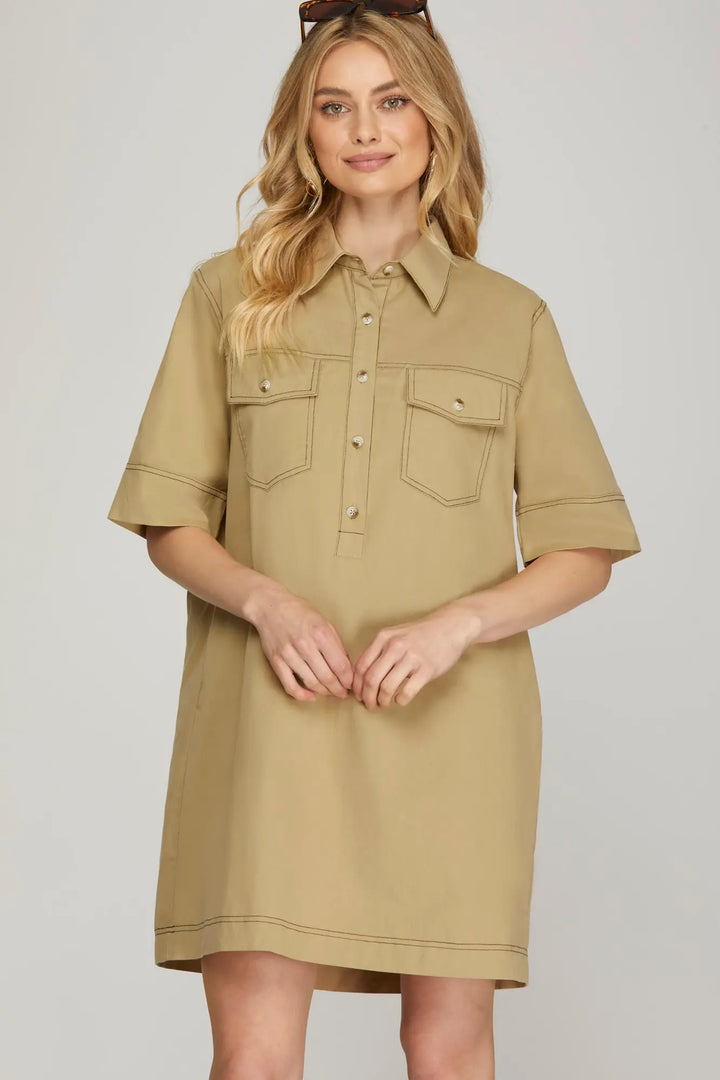 HALF SLEEVE CONTRAST STITCH WOVEN SHIRT DRESS   SKSY7197