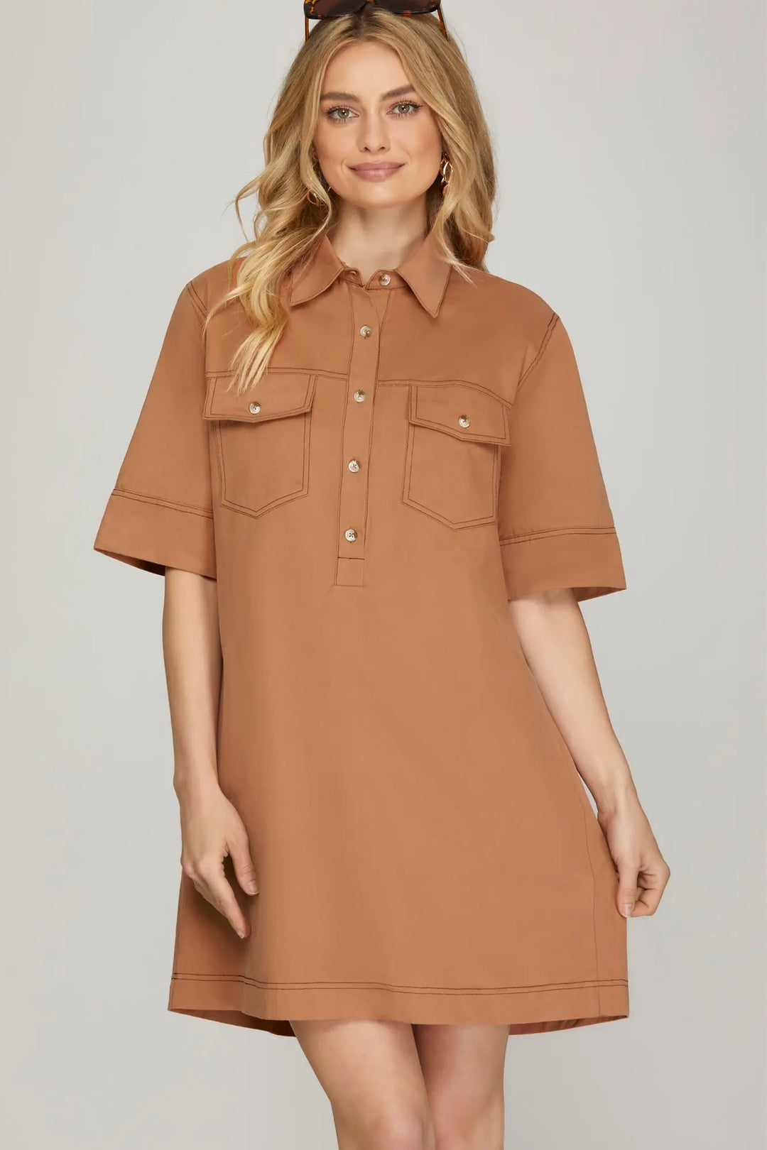 HALF SLEEVE CONTRAST STITCH WOVEN SHIRT DRESS   SKSY7197
