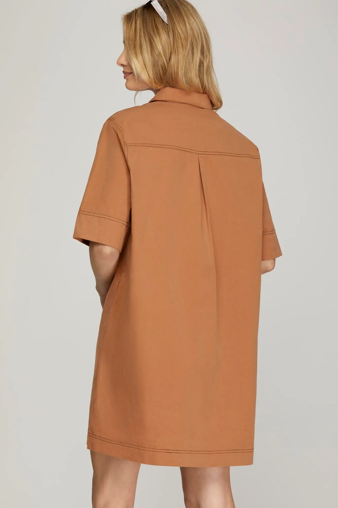 HALF SLEEVE CONTRAST STITCH WOVEN SHIRT DRESS   SKSY7197