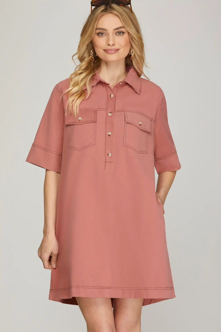HALF SLEEVE CONTRAST STITCH WOVEN SHIRT DRESS   SKSY7197