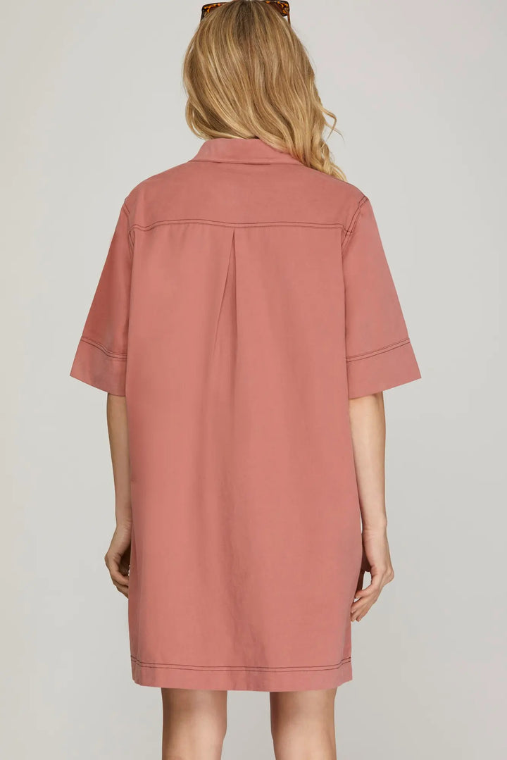 HALF SLEEVE CONTRAST STITCH WOVEN SHIRT DRESS   SKSY7197