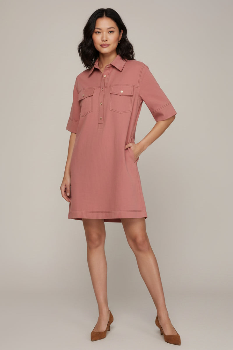 HALF SLEEVE CONTRAST STITCH WOVEN SHIRT DRESS   SKSY7197