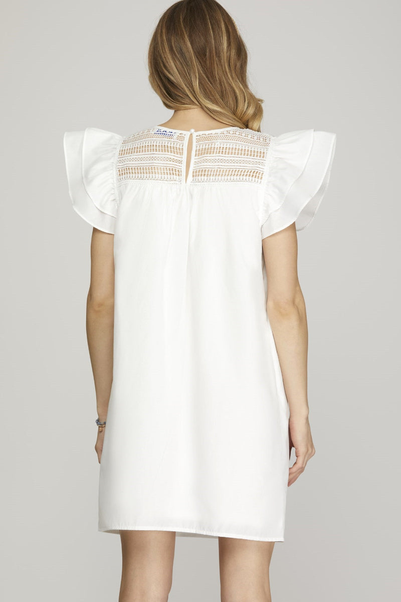 RUFFLE SLEEVE LACE TRIM WITH SIDE POCKET MINI DRESS SKSY7096