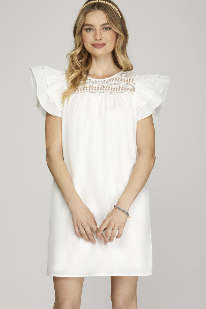 RUFFLE SLEEVE LACE TRIM WITH SIDE POCKET MINI DRESS SKSY7096