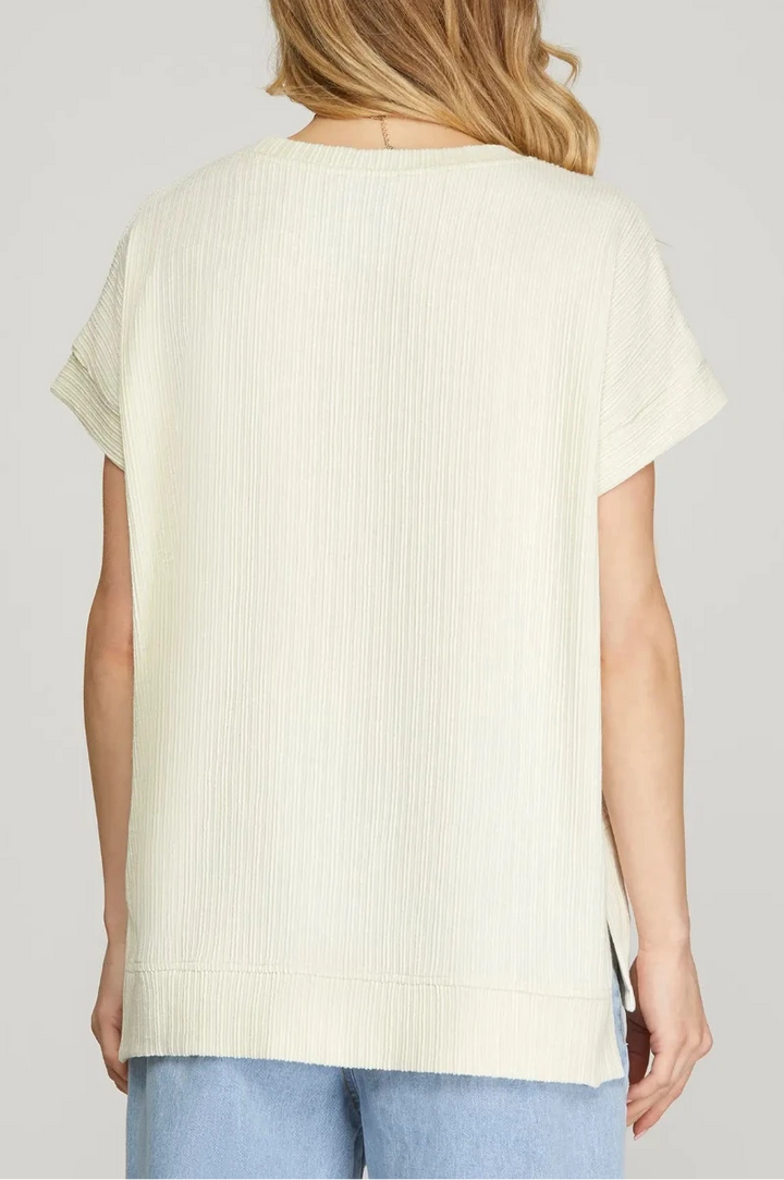 DROP SHOULDER SHORT SLEEVE RIBBED KNIT TOP*