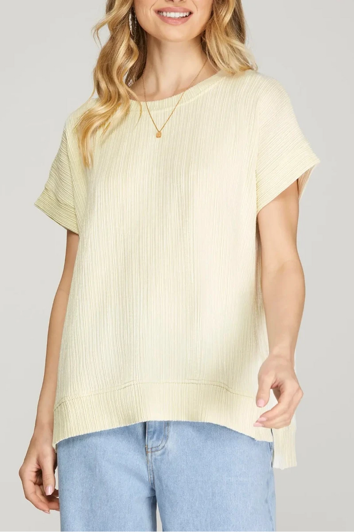DROP SHOULDER SHORT SLEEVE RIBBED KNIT TOP*
