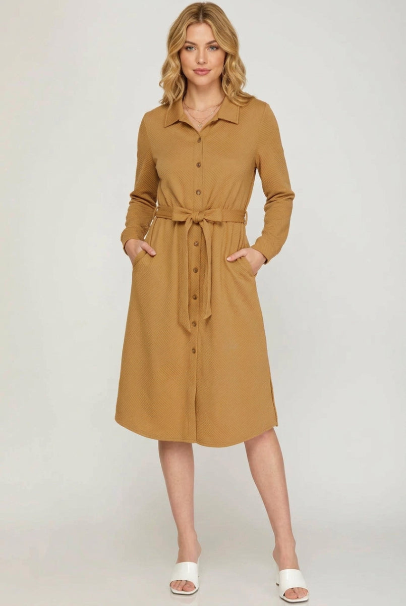 LONG SLEEVE TEXTURED BUTTON DOWN SHIRT DRESS-SKSY7311