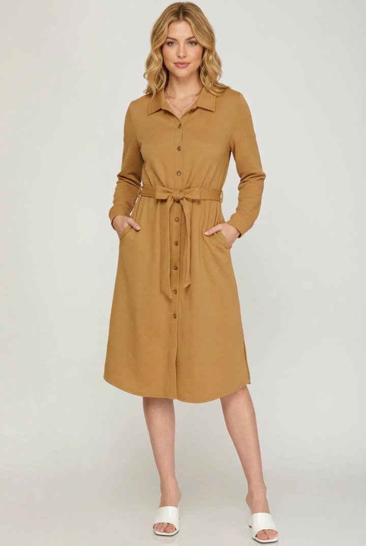LONG SLEEVE TEXTURED BUTTON DOWN SHIRT DRESS-SKSY7311