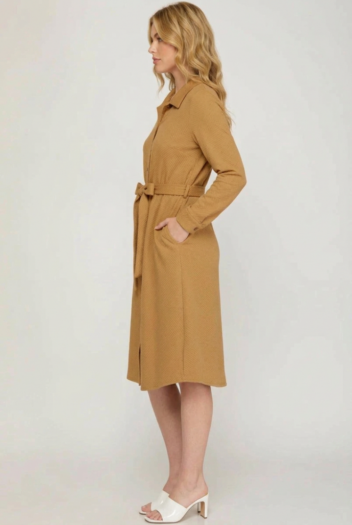 LONG SLEEVE TEXTURED BUTTON DOWN SHIRT DRESS-SKSY7311