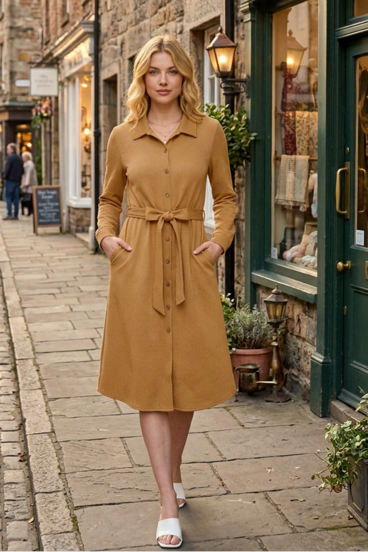 LONG SLEEVE TEXTURED BUTTON DOWN SHIRT DRESS-SKSY7311