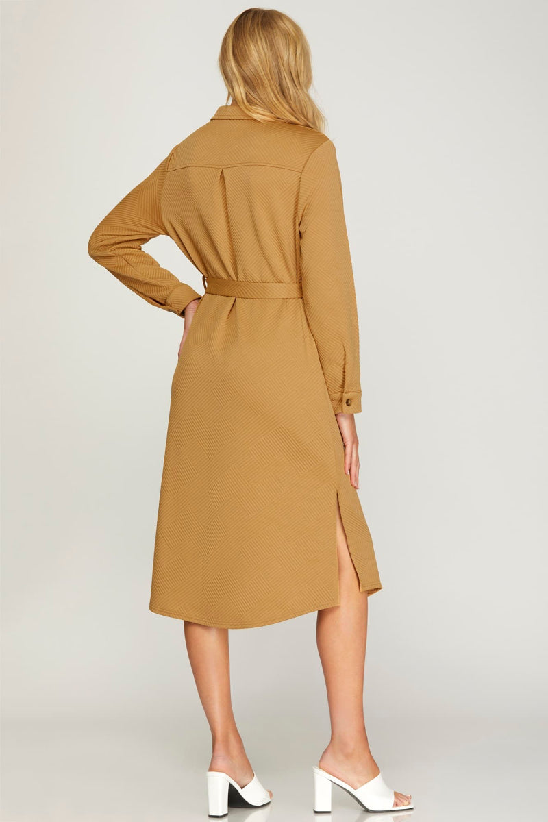 LONG SLEEVE TEXTURED BUTTON DOWN SHIRT DRESS-SKSY7311