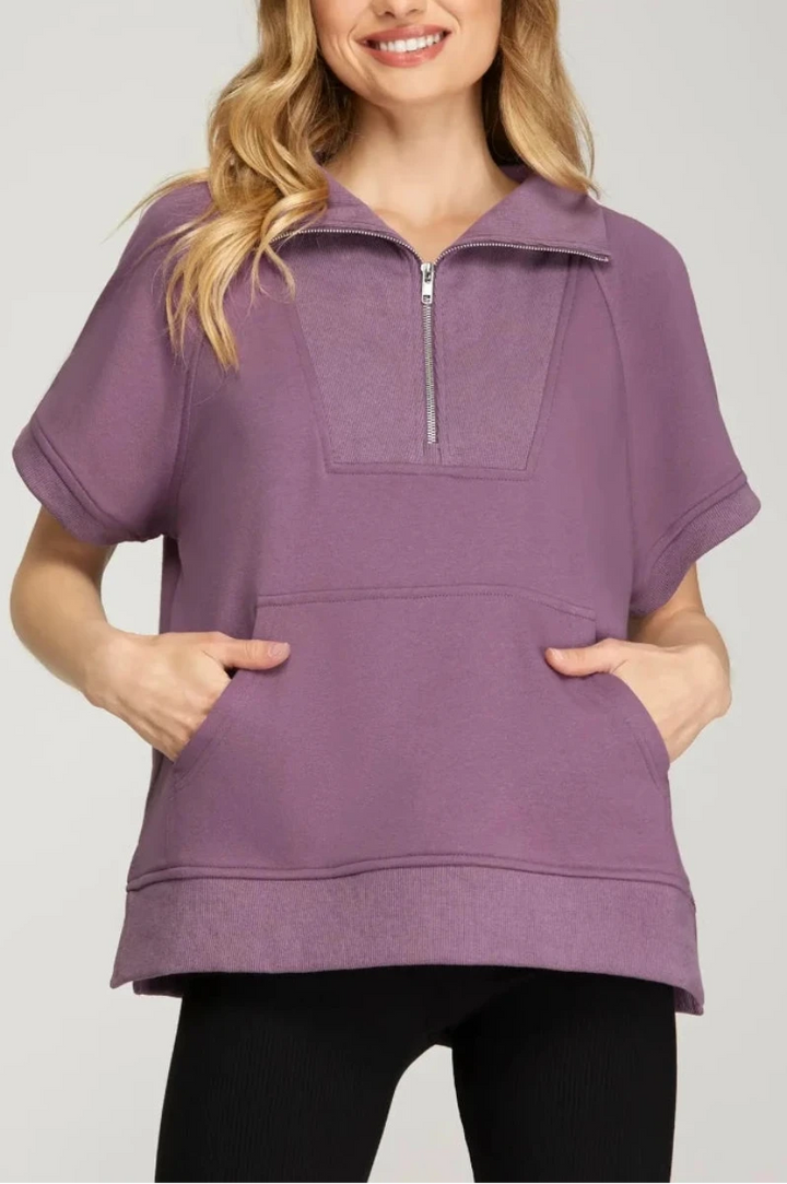 SHORT SLEEVE HALF ZIP FRENCH TERRY TOP