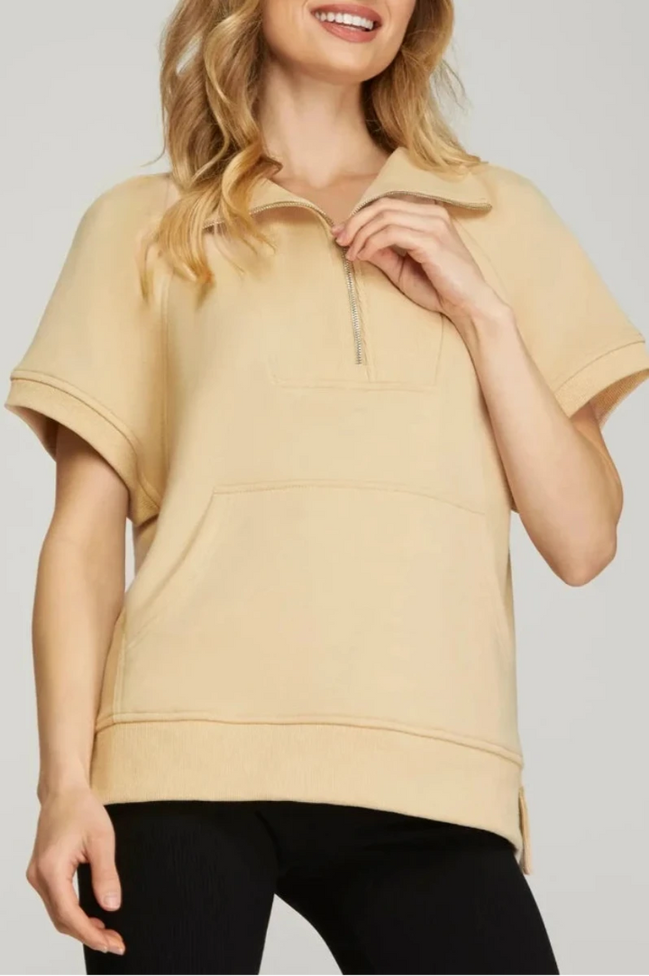 SHORT SLEEVE HALF ZIP FRENCH TERRY TOP
