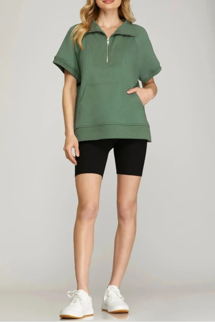 SHORT SLEEVE HALF ZIP FRENCH TERRY TOP