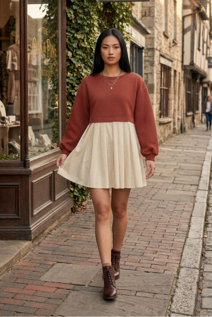 KNIT PLEATED DRESS WITH CONTRAST COLOR BLOCK SKSY7348