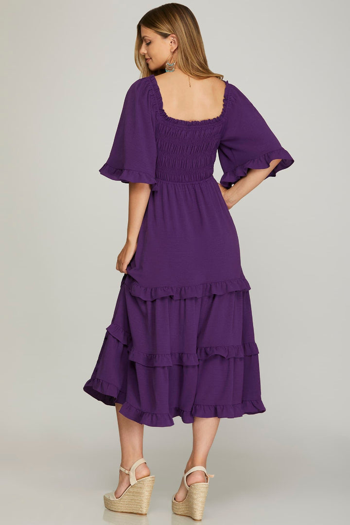 BELL SLEEVE SQUARE NECK SMOCKED TIERED MIDI DRESS