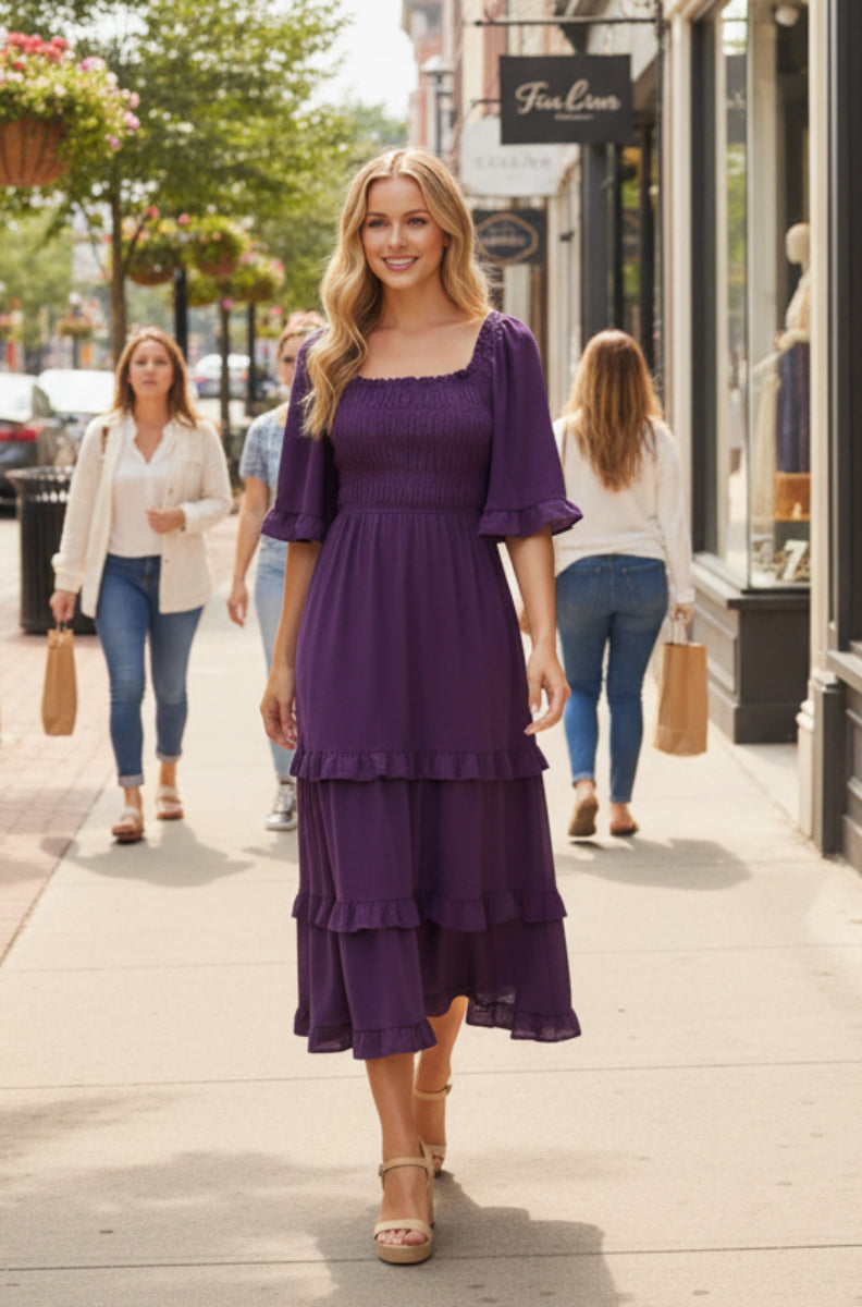 BELL SLEEVE SQUARE NECK SMOCKED TIERED MIDI DRESS