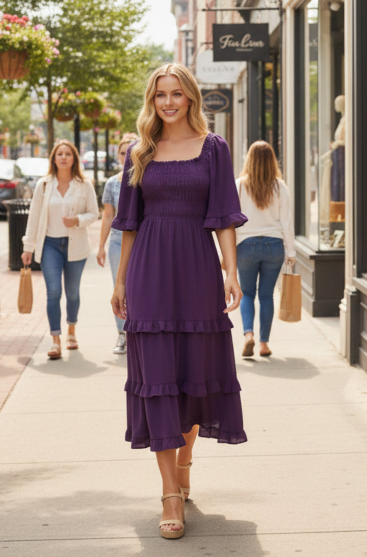 BELL SLEEVE SQUARE NECK SMOCKED TIERED MIDI DRESS