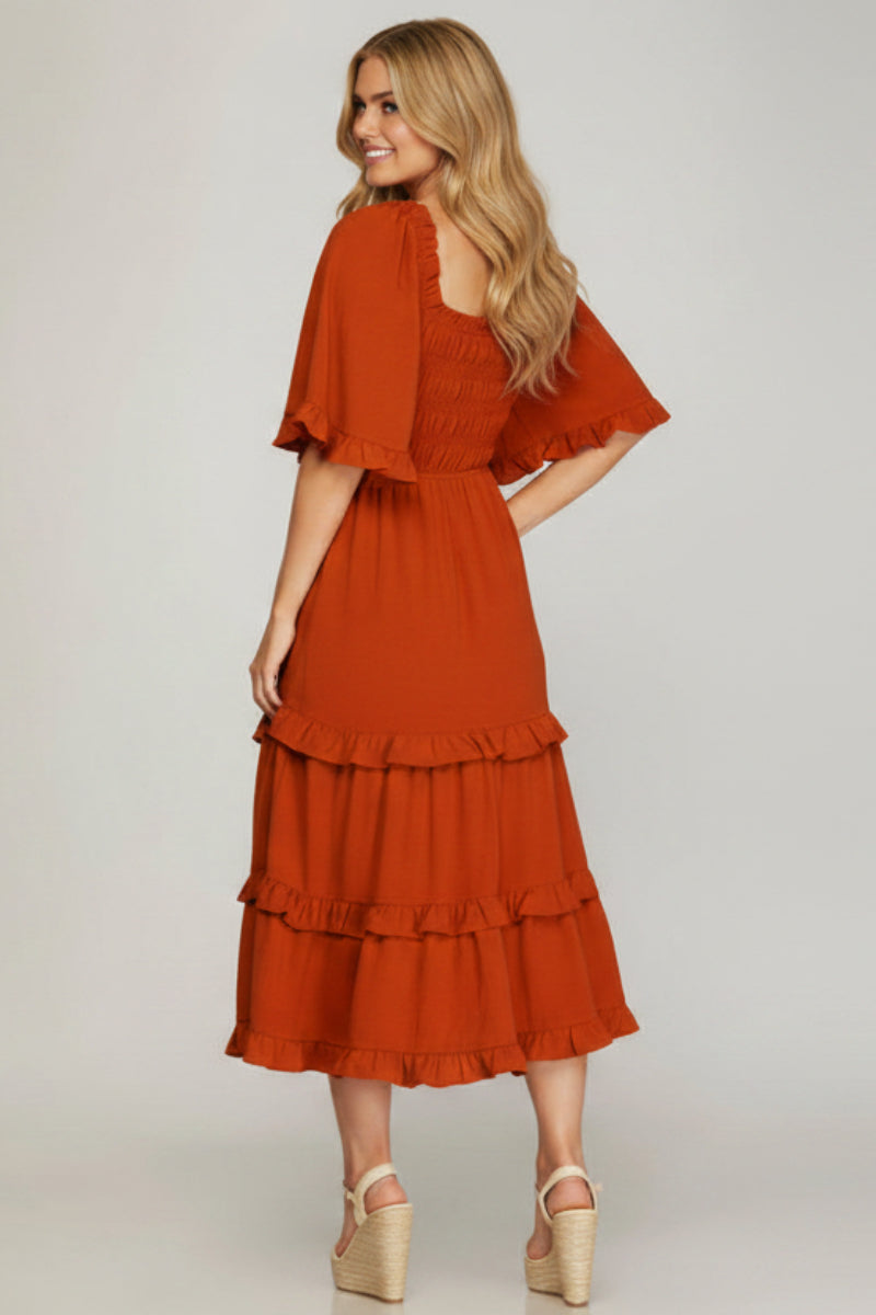 BELL SLEEVE SQUARE NECK SMOCKED TIERED MIDI DRESS