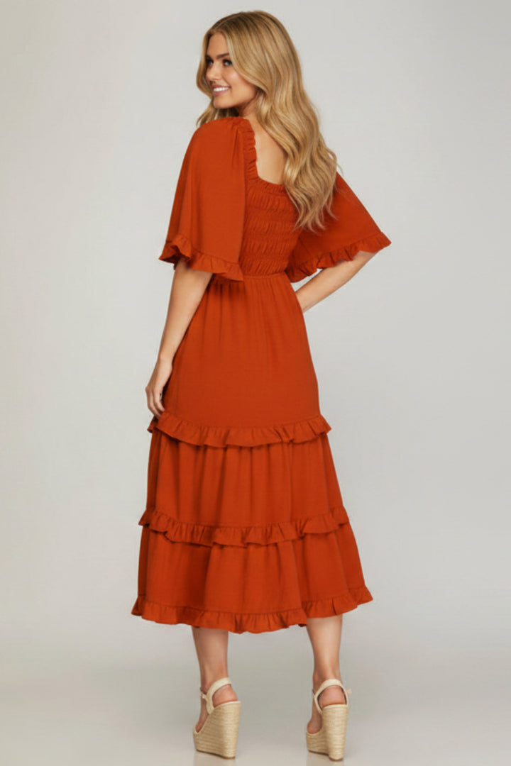 BELL SLEEVE SQUARE NECK SMOCKED TIERED MIDI DRESS