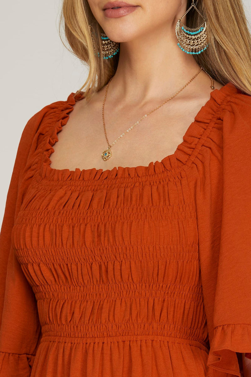 BELL SLEEVE SQUARE NECK SMOCKED TIERED MIDI DRESS