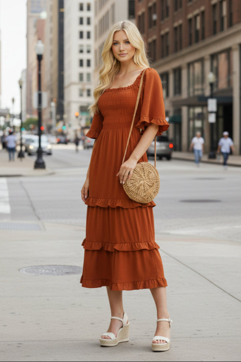 BELL SLEEVE SQUARE NECK SMOCKED TIERED MIDI DRESS