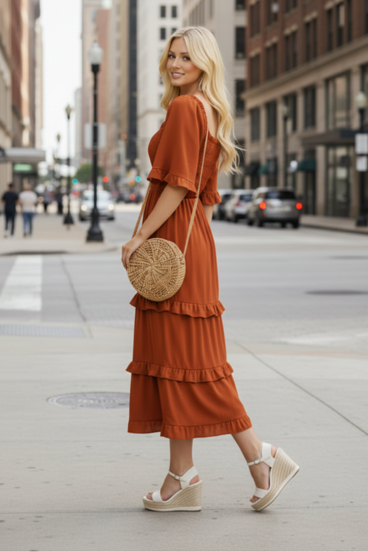 BELL SLEEVE SQUARE NECK SMOCKED TIERED MIDI DRESS
