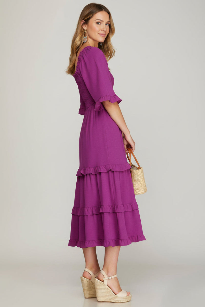 BELL SLEEVE SQUARE NECK SMOCKED TIERED MIDI DRESS