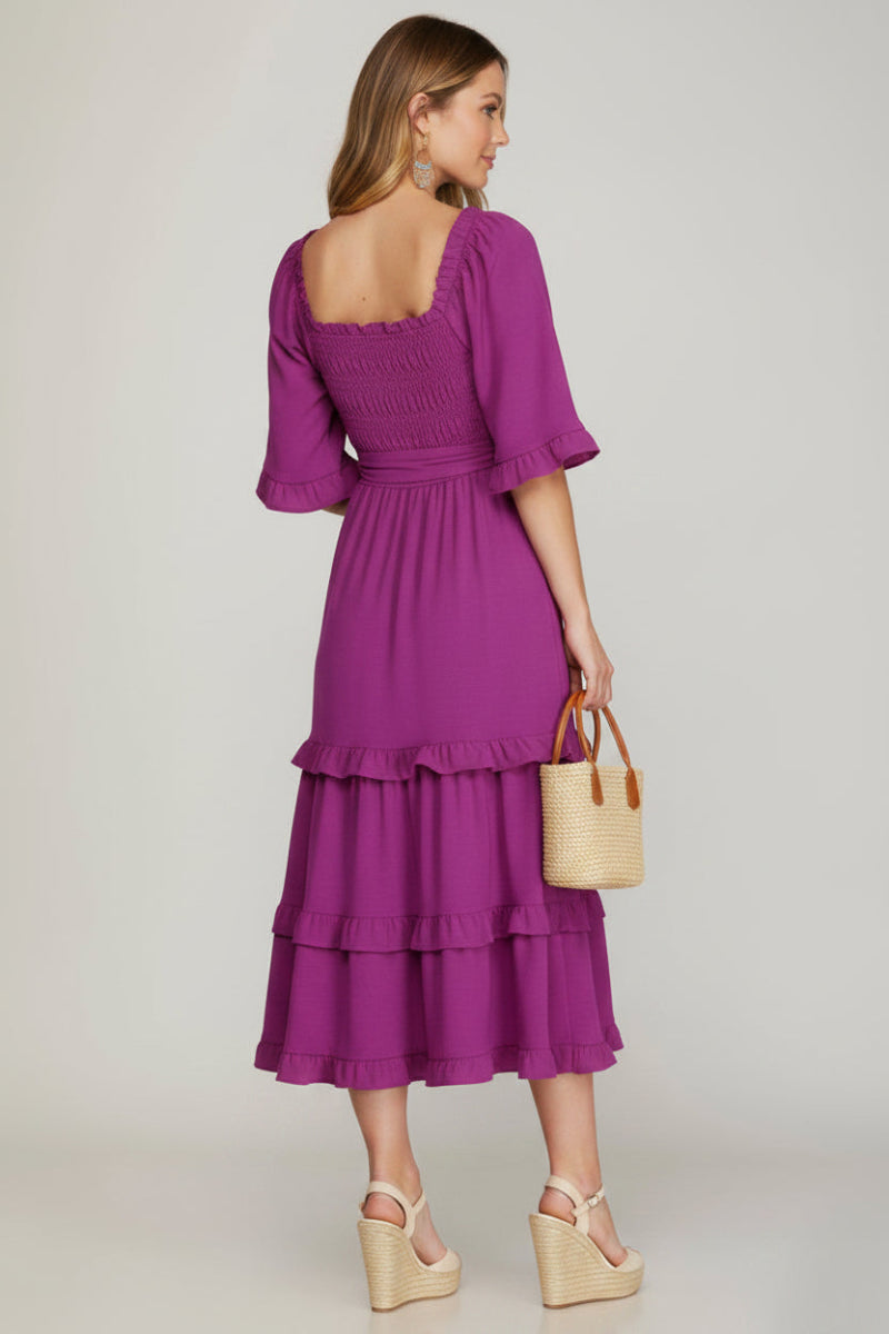 BELL SLEEVE SQUARE NECK SMOCKED TIERED MIDI DRESS