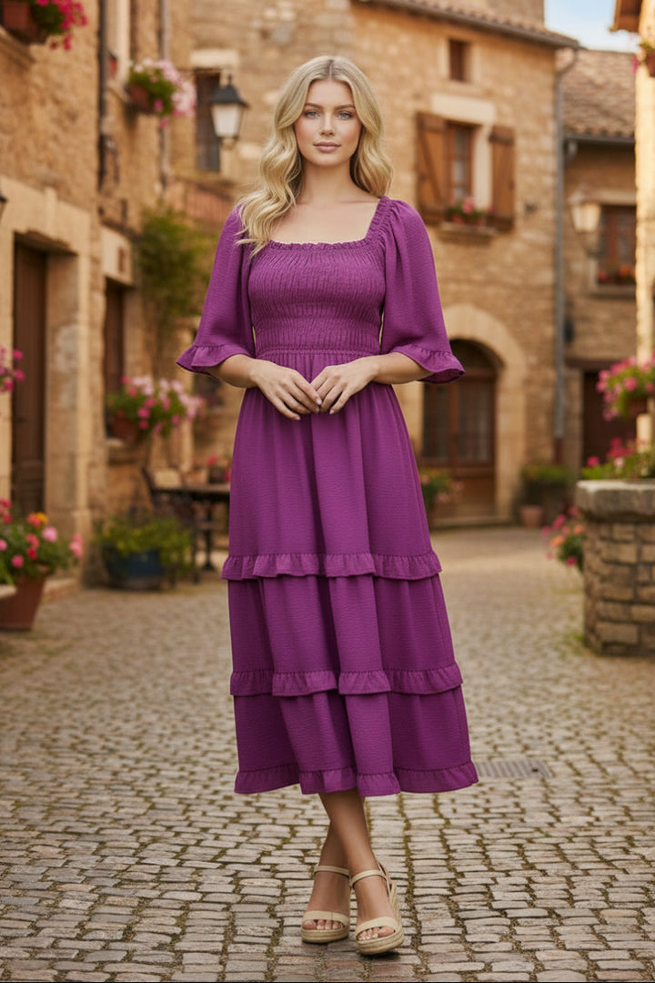 BELL SLEEVE SQUARE NECK SMOCKED TIERED MIDI DRESS