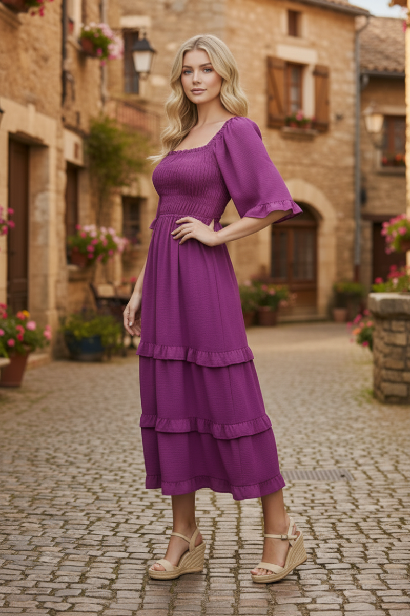 BELL SLEEVE SQUARE NECK SMOCKED TIERED MIDI DRESS