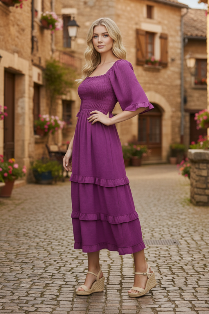 BELL SLEEVE SQUARE NECK SMOCKED TIERED MIDI DRESS
