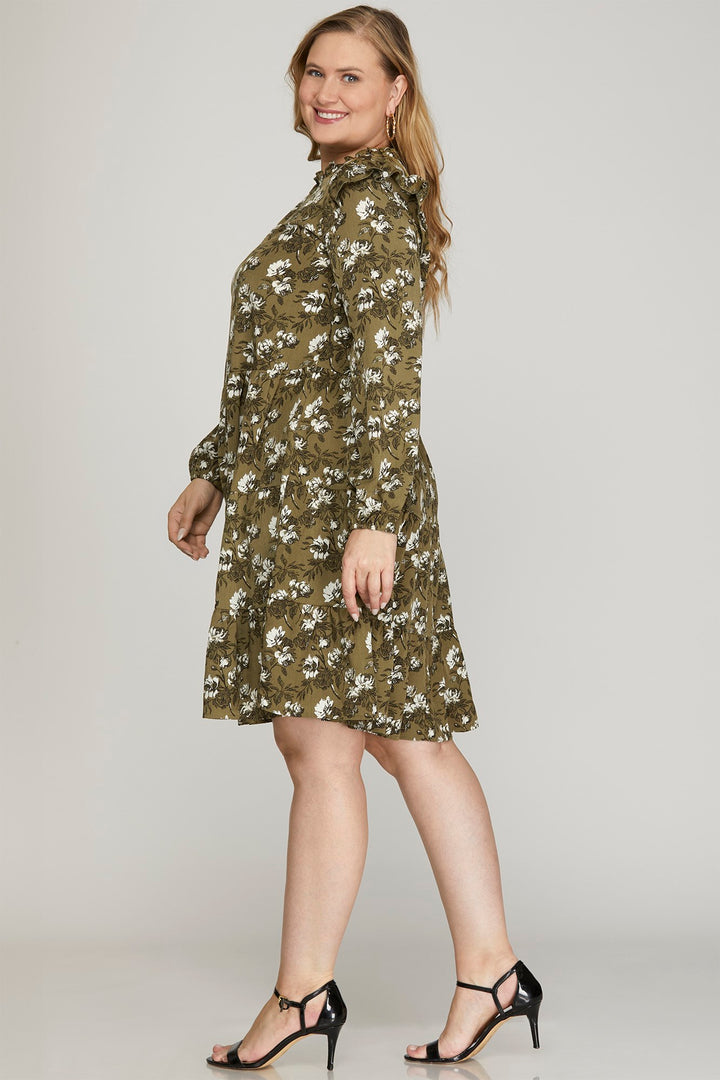 PLUS - RUFFLED LONG SLEEVE FLORAL PRINT WOVEN DRESS WITH SIDE POCKETS