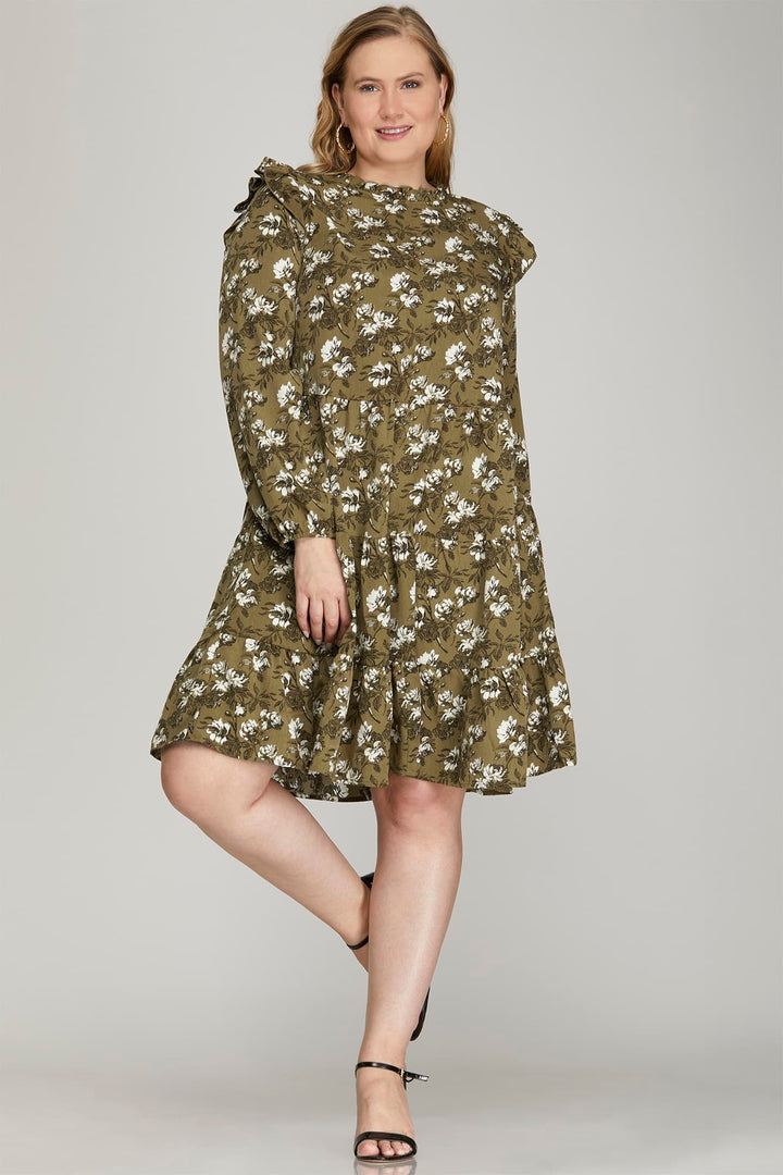 PLUS - RUFFLED LONG SLEEVE FLORAL PRINT WOVEN DRESS WITH SIDE POCKETS
