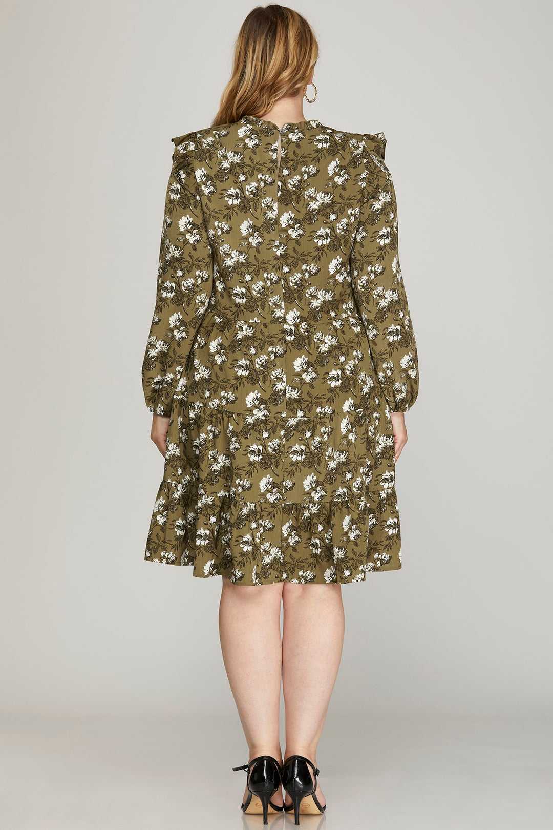 PLUS - RUFFLED LONG SLEEVE FLORAL PRINT WOVEN DRESS WITH SIDE POCKETS