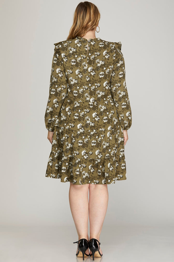 PLUS - RUFFLED LONG SLEEVE FLORAL PRINT WOVEN DRESS WITH SIDE POCKETS