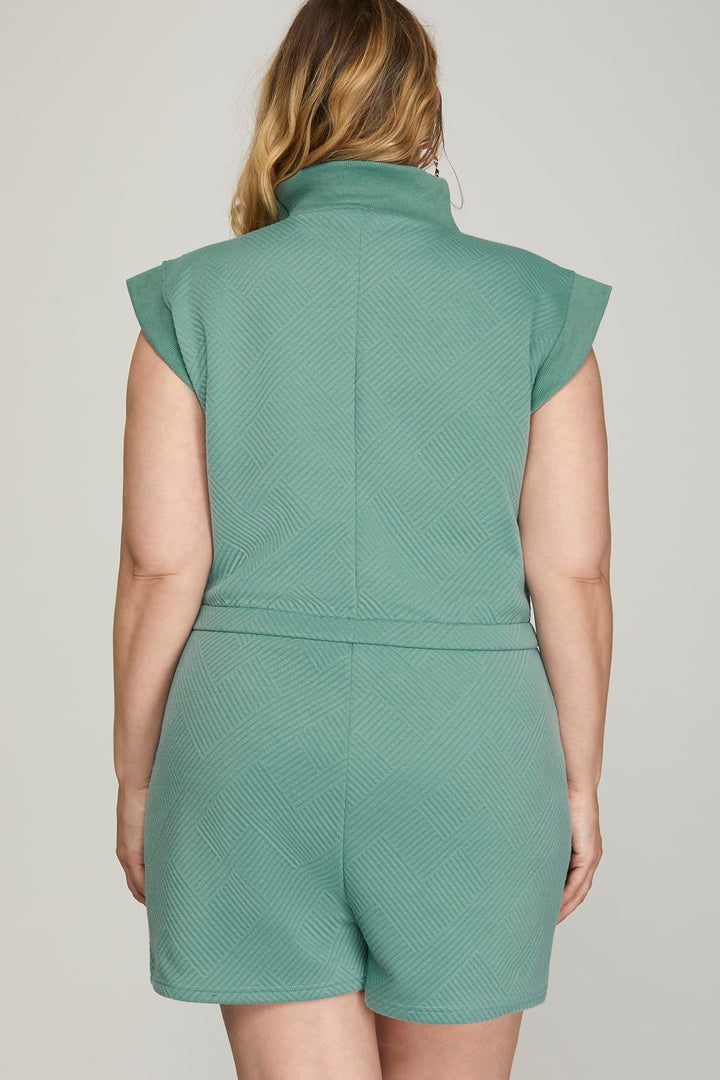 PLUS - DROP SHOULDER TEXTURED FRONT ZIP ROMPER