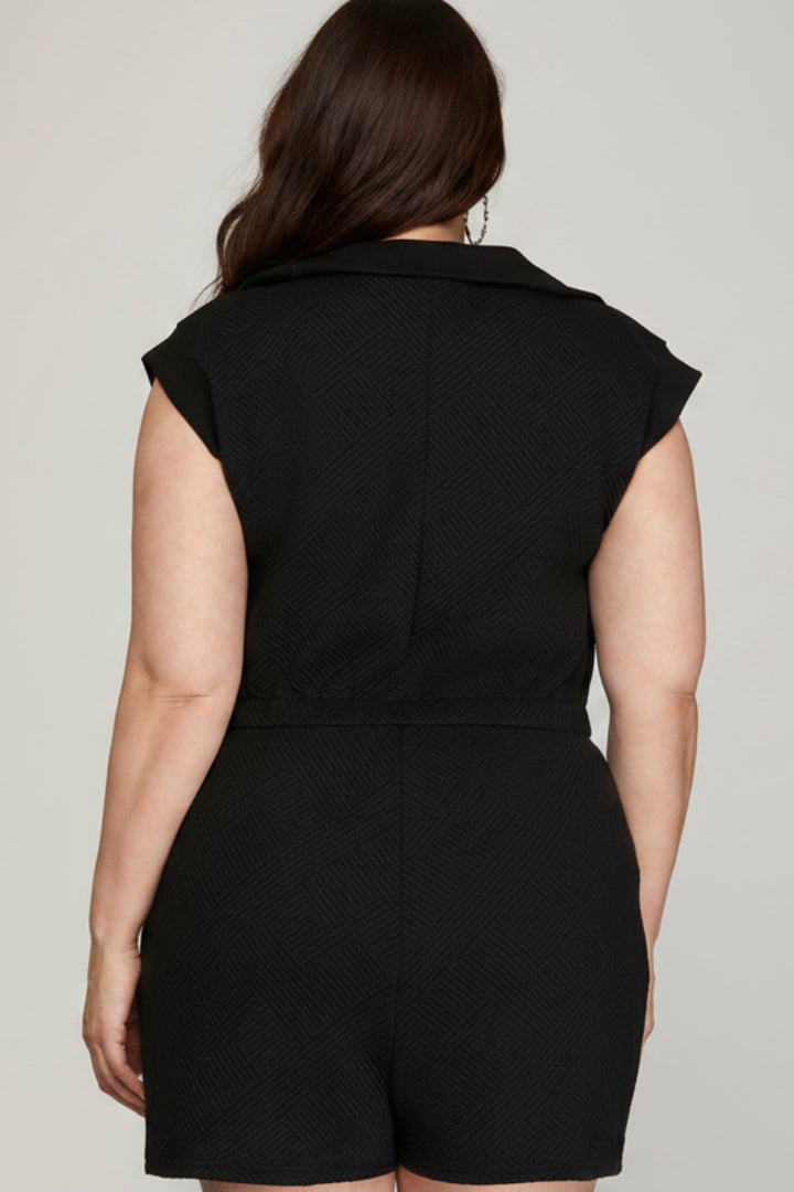 PLUS - DROP SHOULDER TEXTURED FRONT ZIP ROMPER