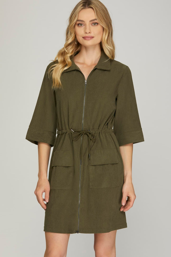 ZIP UP DRESS WITH POCKETS AND DRAW STRING WAIST