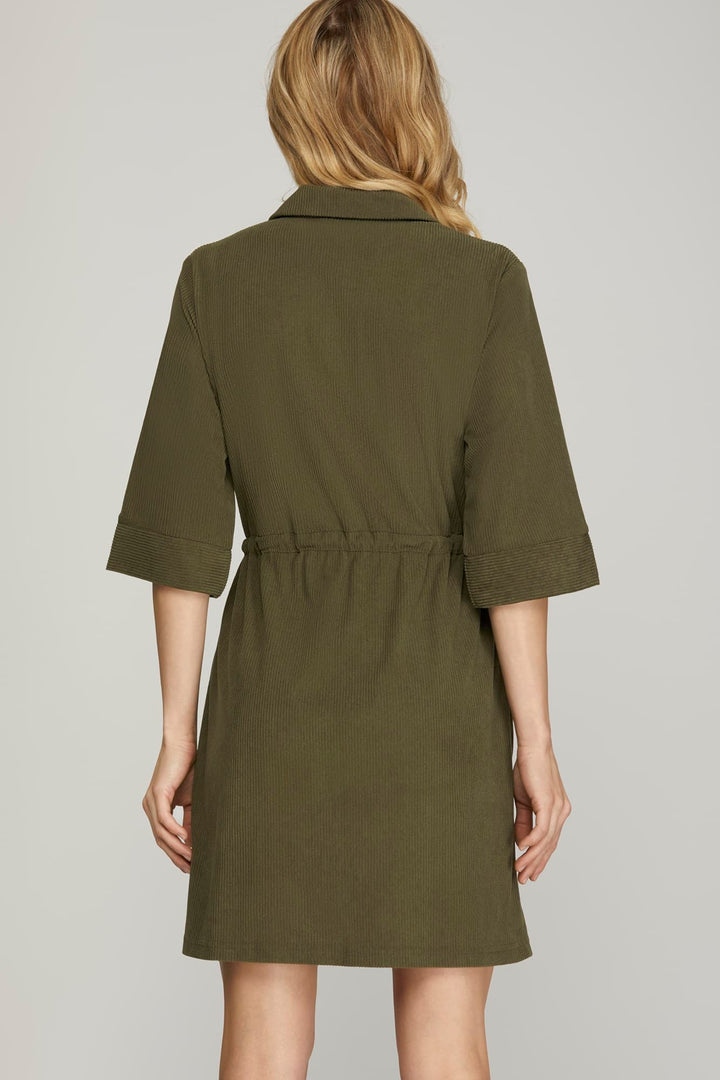 ZIP UP DRESS WITH POCKETS AND DRAW STRING WAIST